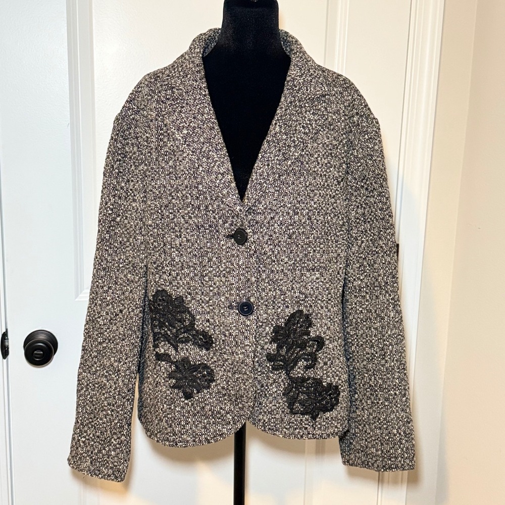 Nine West Woman Tweed Blazer Black White Lace Floral Applique Size 20W